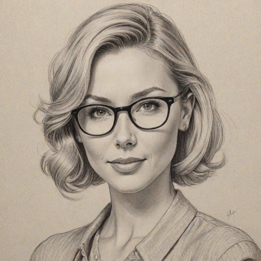 Comely Desi Lydic, pencil sketch, portrait of Radiant woman 1950s in glasses, hair style beatnik, outline, clear lines, fine lines, 8k