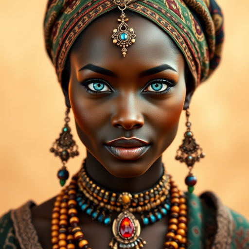 Create a portrait of a beautiful Zulu woman with striking cyan eyes and a gentle expression. She is adorned in traditional attire with intricate patterns, including a richly embroidered headscarf and matching garments. Her jewelry includes a delicate headpiece, dangling earrings, and ornate bracelets, all featuring vibrant gemstones and detailed metalwork. The background is soft and warm, enhancing the rich colors of her outfit and jewelry.