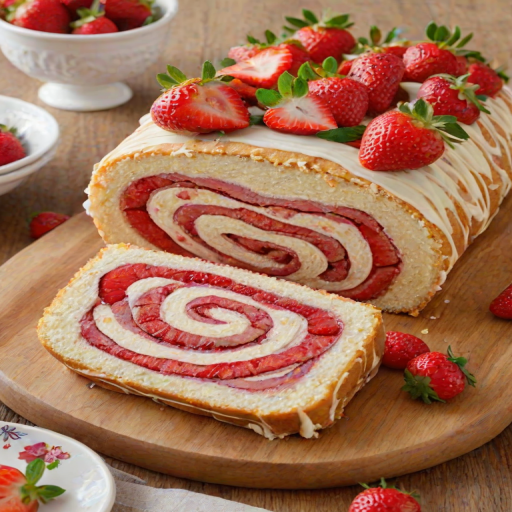 Create an image of a beautifully decorated strawberry roll cake. The cake should have a light yellow sponge with a creamy white frosting and fresh strawberry slices inside. It should be displayed on a wooden board, with a knife cutting through the cake to reveal the swirled layers. Add some whole strawberries on top for decoration.