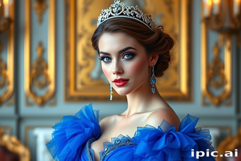 A gorgeous woman in a luxurious blue gown, accessorized with a dazzling tiara and statement earrings, her deep blue eyes highlighted by impeccable makeup, poised in a royal setting, photorealistic, 8K quality