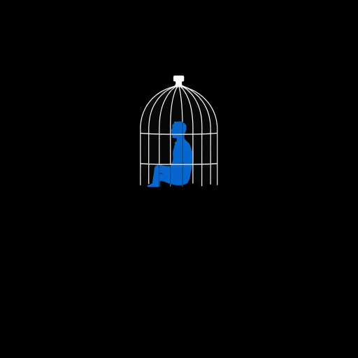 Create a minimalistic illustration of a head silhouette in profile, featuring a blue figure sitting inside a cage within the head, with a stark black background, using a Canon EOS R5, 50mm f/1.2 lens, aperture at f/2.8, shutter speed at 1/200 sec, and ISO 100 for enhanced clarity and detail.