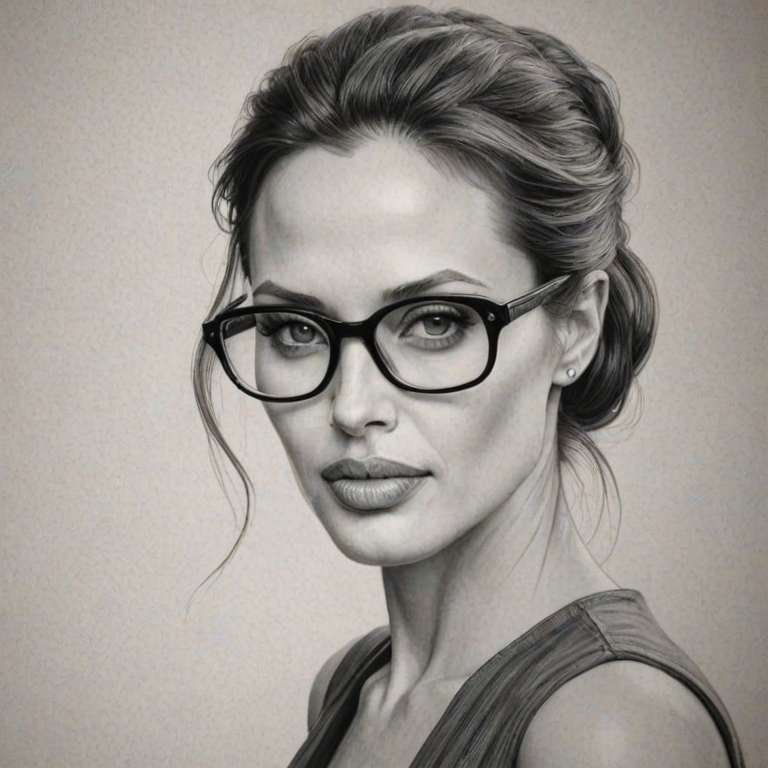 Splendid Angelina Jolie, pencil sketch, portrait of Superb woman 1928s in glasses, hair style beatnik, outline, clear lines, fine lines, 8k