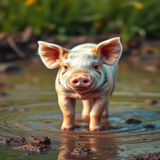 photograph of a cute piglet standing in muddy water, shallow depth of field, soft natural lighting, 50mm lens, aperture f/1.8, ISO 200, 1/200 sec, DSLR camera, with a warm color tone and vibrant greenery in the background