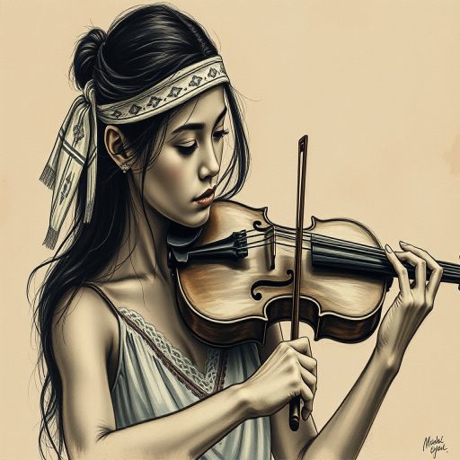 a young Maori woman with a white headband playing a violin, in the style of a charcoal drawing, sepia grunge background