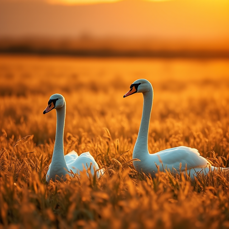 Capture a serene landscape featuring two white swans in a golden grass field during golden hour, with a shallow depth of field, using a Canon EOS R5, 85mm lens, f/2.8 aperture, 1/200 sec shutter speed, and ISO 100.