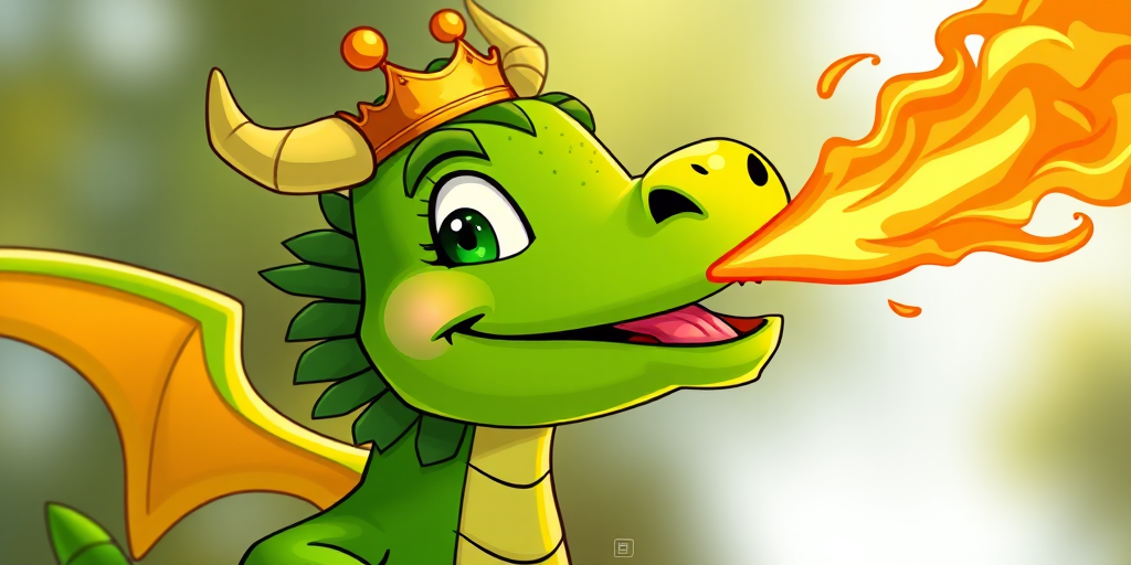Create a vibrant illustration of a cartoon green dragon wearing a crown and breathing fire, capturing its playful and cheerful expression, shot with a Canon EOS R5, 50mm lens, f/2.8 aperture, ISO 100, in bright daylight to enhance colors and details.