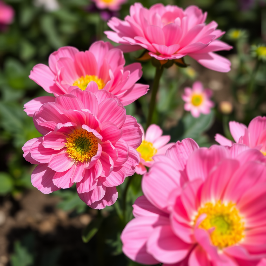 close-up of pink ranunculus flowers with intricate petal details in a garden setting, using a DSLR camera, 50mm lens at f/2.8, ISO 100, natural lighting, capturing vibrant colors and shallow depth of field to enhance image quality