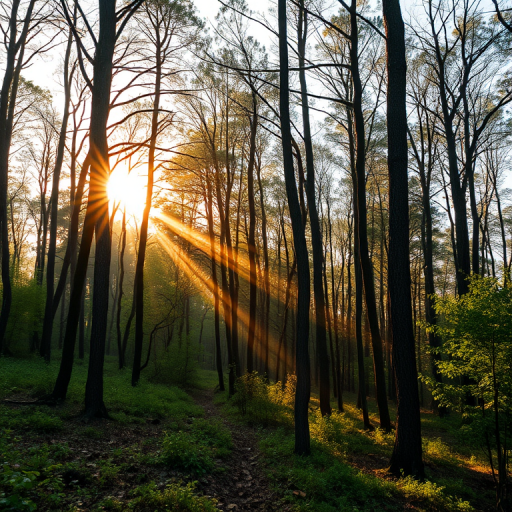Generate a high-resolution image of a tranquil forest scene at sunrise, with soft golden light filtering through the trees, camera settings: f/2.8 aperture, ISO 200, shutter speed 1/100s, camera view: wide angle, camera style: natural light photography, camera type: DSLR.