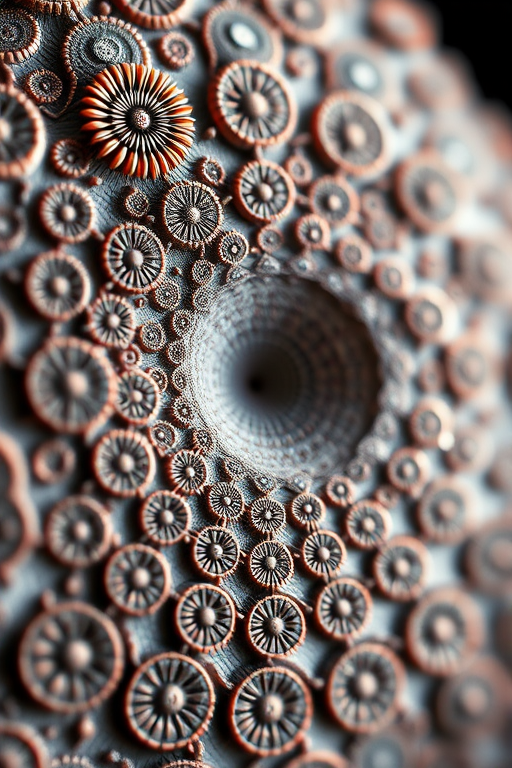 Generate a high-resolution fractal image featuring intricate circular patterns and detailed textures with a depth of field effect, shot with a DSLR camera at f/8, ISO 100, and a 50mm lens, using a macro perspective to emphasize fine details and enhance color contrast.
