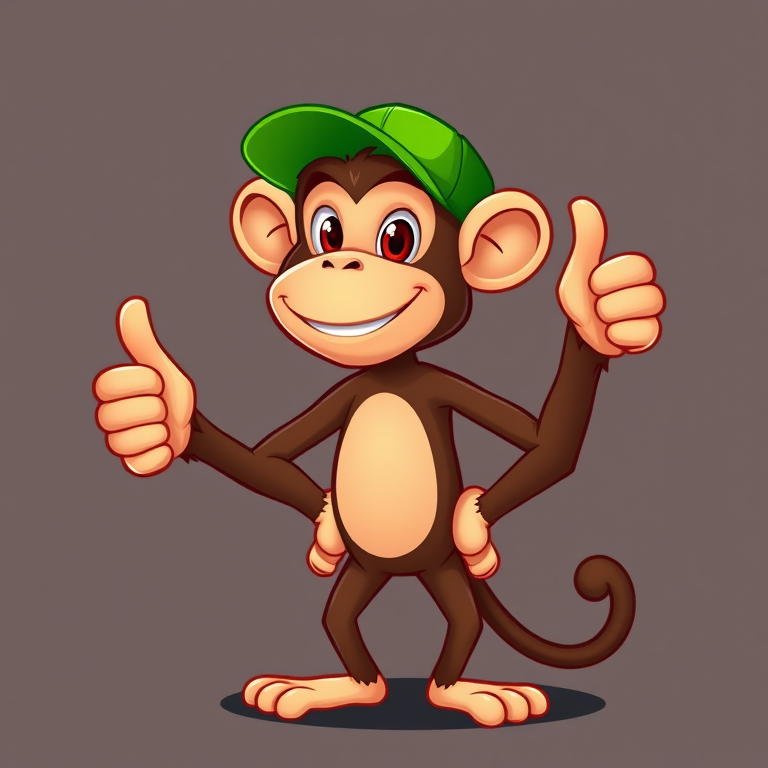 Generate a vibrant cartoon monkey character standing with a thumbs-up gesture, wearing a green cap, using a digital art style, 300 DPI resolution, with a bright color palette and smooth lines, shot from a slight low angle to enhance the character's charm and appeal.