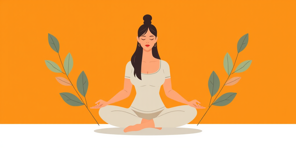 Create a digital illustration of a woman sitting cross-legged in a serene pose, with a minimalist style; use soft colors for clothing and a bold orange background; add leaves on each side; use a flat design approach; include high resolution, 300 DPI, Adobe Illustrator settings, and a vector art style.