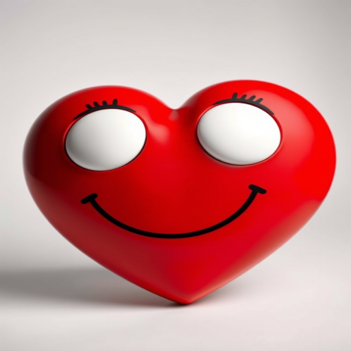 Create a vibrant red cartoon heart with large white eyes and black pupils smiling, taken with a Canon EOS 90D using a 50mm f/1.8 lens, aperture set to f/2.8, ISO 100, and in a bright studio lighting setup, with a focus on enhancing the colors and smooth textures.
