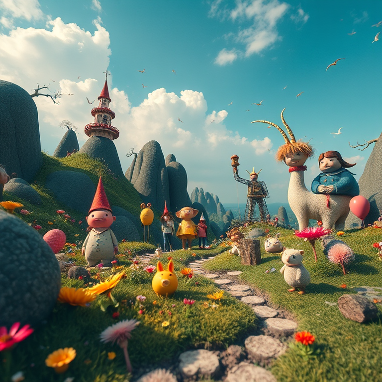 Generate a whimsical landscape featuring whimsical creatures and characters in a surreal setting, captured with a Canon EOS R5, 35mm lens, f/8 aperture, ISO 100, using a wide-angle view to enhance depth, rich colors, and fine details.