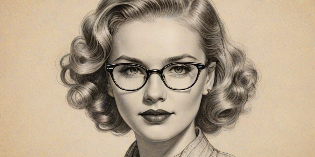 Resplendent Claudia Lee, pencil sketch, portrait of Enchanting woman 1930s in glasses, hair style beatnik, outline, clear lines, fine lines, 8k