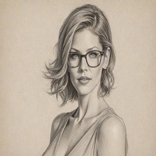 Fetching Tricia Helfer, pencil sketch, portrait of Comely woman 1934s in glasses, hair style beatnik, outline, clear lines, fine lines, 8k