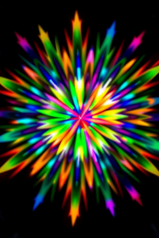 Create a vivid, abstract image of a colorful burst of star-like shapes radiating from a central point on a black background, using a DSLR camera with a 50mm lens, f/2.8 aperture, ISO 100, and a soft focus effect to enhance the depth and vibrancy of colors.