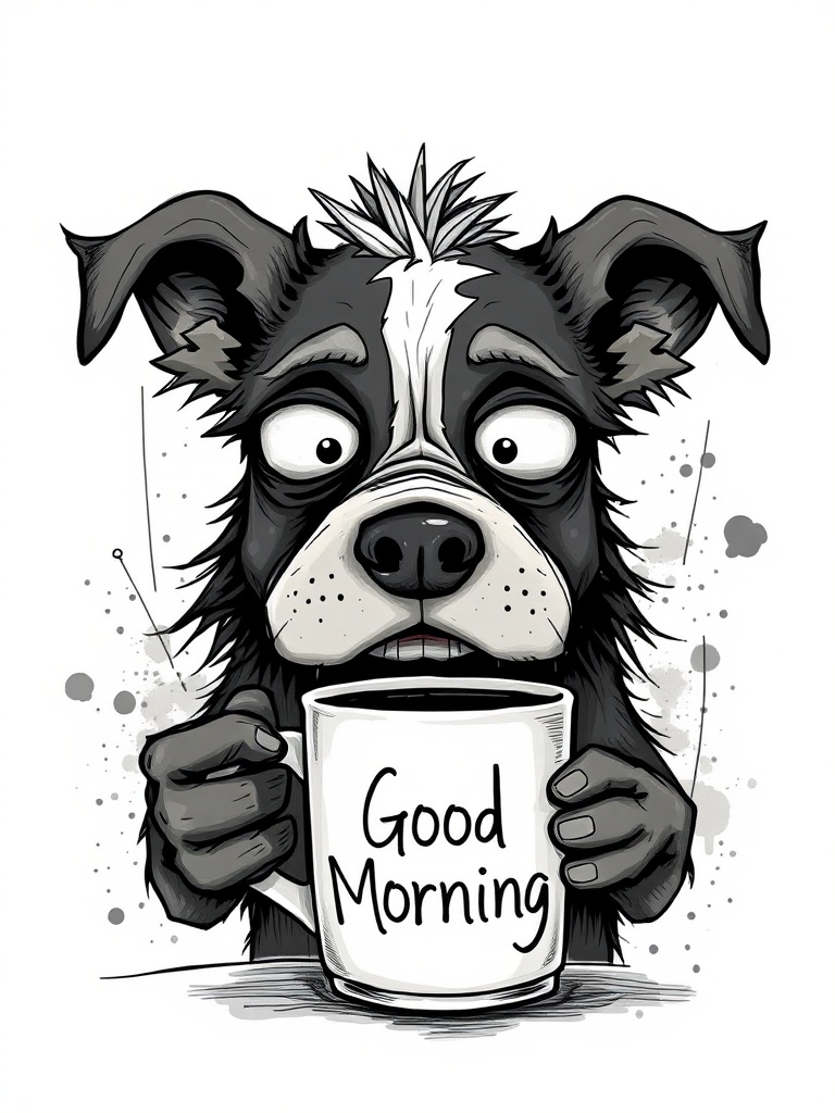 A quirky, artistic illustration of a disheveled bull arab dog breed with exaggerated, large eyes and spiky fur, holding a coffee mug that reads "Good Morning". The dog has a tired but humorous expression, with ink splatters and abstract details surrounding it, giving a whimsical feel to the image. The color palette is mostly monochrome with hints of white in the eyes and steam rising from the mug, enhancing the overall sleepy vibe