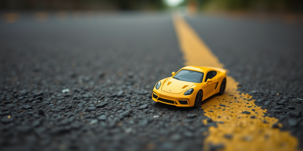 Toy car in vibrant yellow on a textured asphalt surface, shallow depth of field, soft focus background, shot with a 50mm lens at f/1.8, ISO 100, 1/200 sec, low-angle view, natural lighting, DSLR camera.