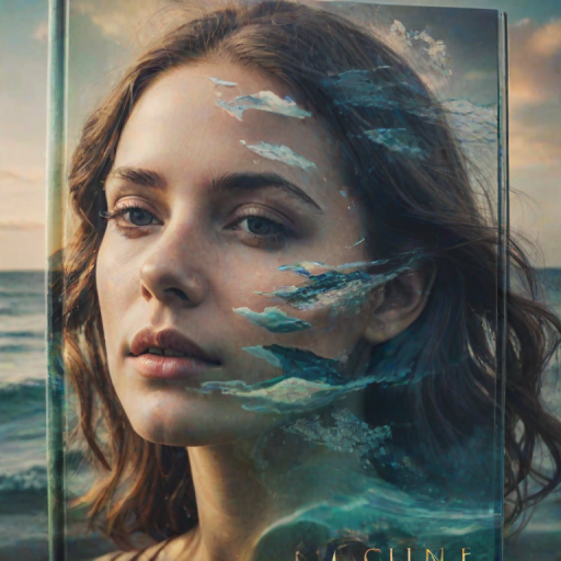imagine Book cover, A surreal double exposure portrait that blends a woman's face with a beautiful seascape. The overall mood is dreamy and mystical, with rich colors and intricate details