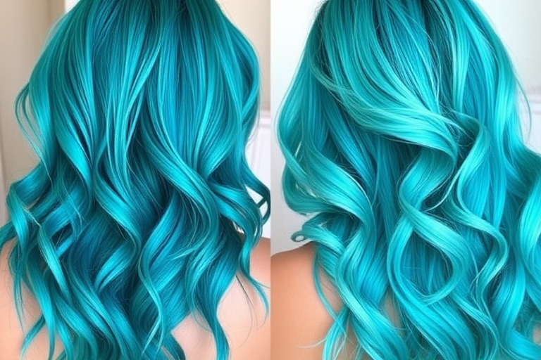 Mermaid's Treasure Tresses feature a captivating ombre effect transitioning from deep teal at the roots to shimmering turquoise at the ends, styled in loose beachy waves