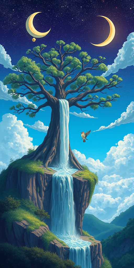 Create an artistic illustration of a surreal landscape featuring a large tree with a waterfall flowing upside down, two small birds perched on the branches, a night sky with a crescent moon and stars above, and a bright blue sky with fluffy clouds below, using a DSLR camera with a 50mm lens, aperture at f/2.8, ISO 200, and a focus on vibrant colors and sharp details.
