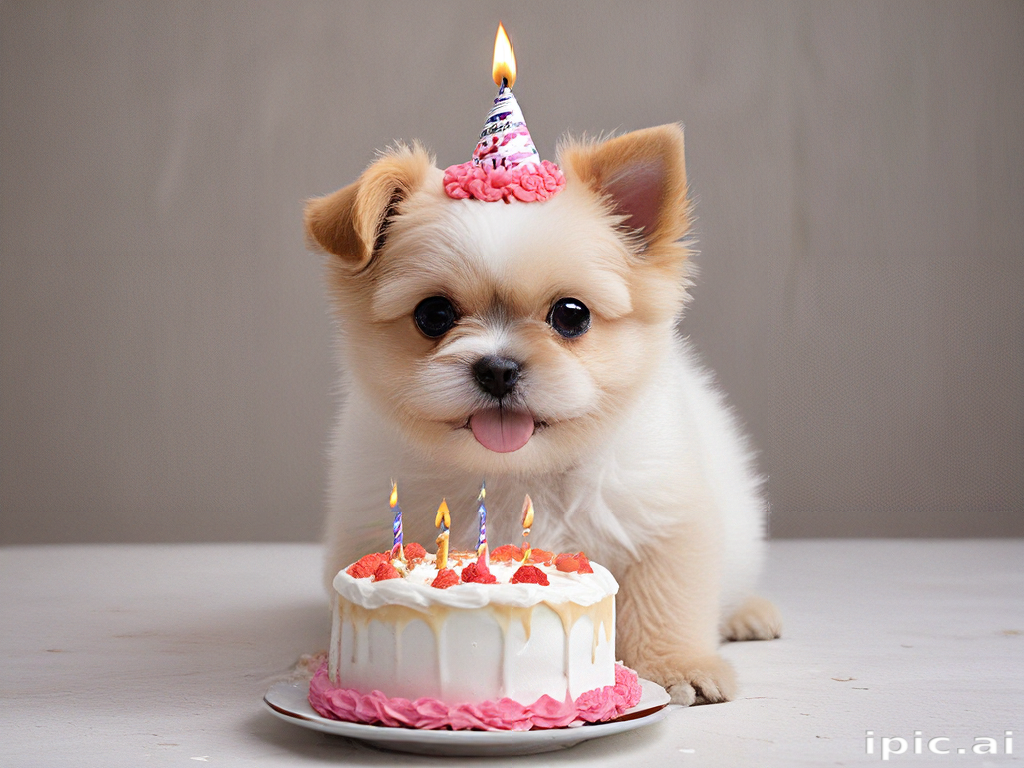 Adorable Puppy Celebrating Its Birthday with a Colorful Cake and Party Hat