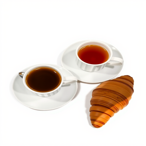 Create a high-resolution illustration of a cup of coffee and a cup of tea, each on white saucers with a croissant beside them, using a DSLR camera with a 50mm lens, aperture set to f/2.8, ISO 100, and a soft natural light setup to enhance details and colors.