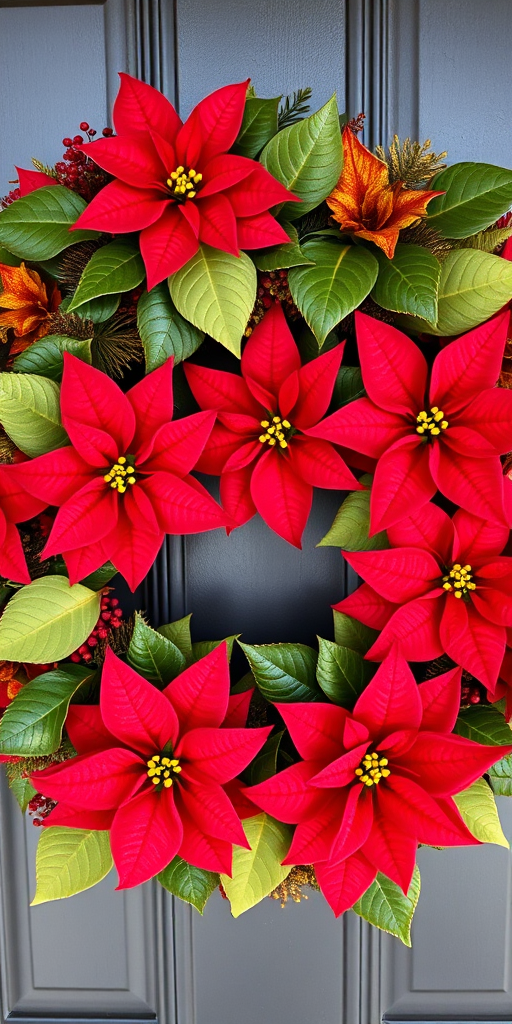 Create a festive wreath design featuring vibrant red poinsettias and green leaves with golden accents, shot from a slightly overhead angle using a DSLR camera at f/4.0, ISO 100, 1/100 sec shutter speed, natural lighting to enhance colors and details.
