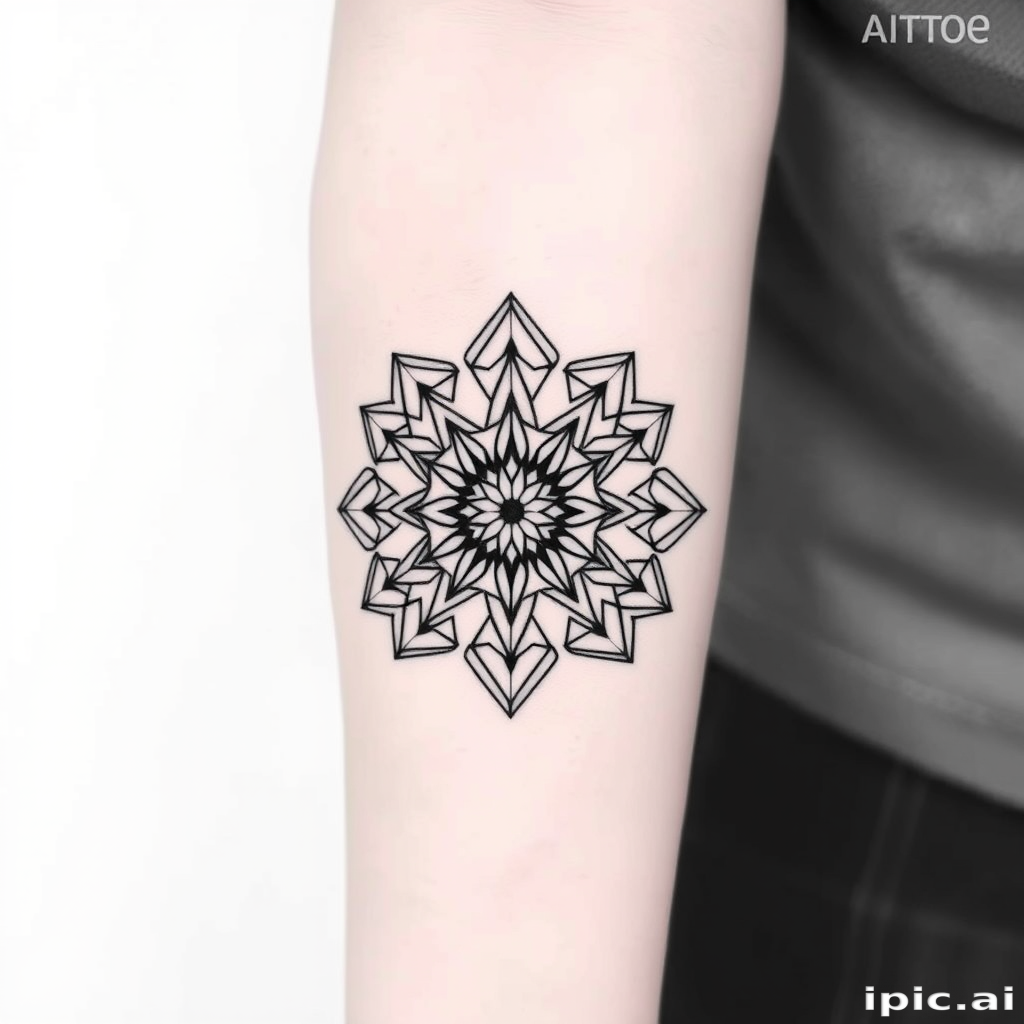 Minimalist blackwork tattoo called "Geometric Harmony" composed of precise, interconnected geometric shapes forming a mandala-like pattern, using varying line weights to create depth and dimension, with negative space incorporated to enhance the overall design, ideal for forearm or chest placement