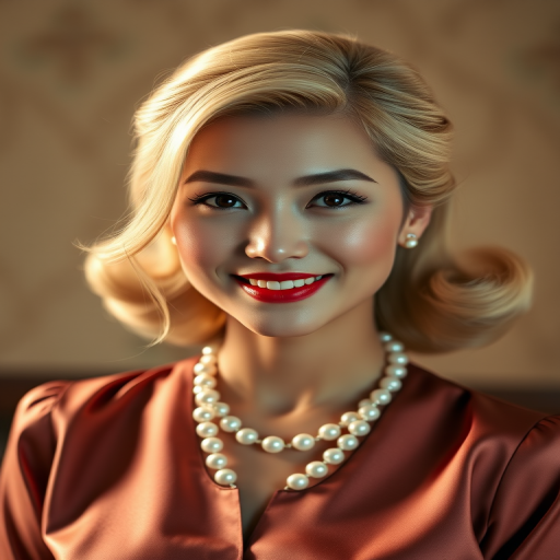 A beautiful Hmong woman reminiscent of 1950s Hollywood glamour, with perfectly styled blonde hair and a seductive smile, dressed in a satin blouse and adorned with pearls, soft and warm tones, photorealistic, 8K