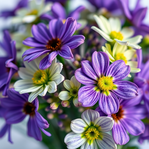 Create a high-resolution illustration of a bouquet of vibrant purple and green flowers with a clear focus and soft background, using a DSLR camera with an aperture of f/2.8, ISO 100, 50mm lens in macro mode for enhanced detail.