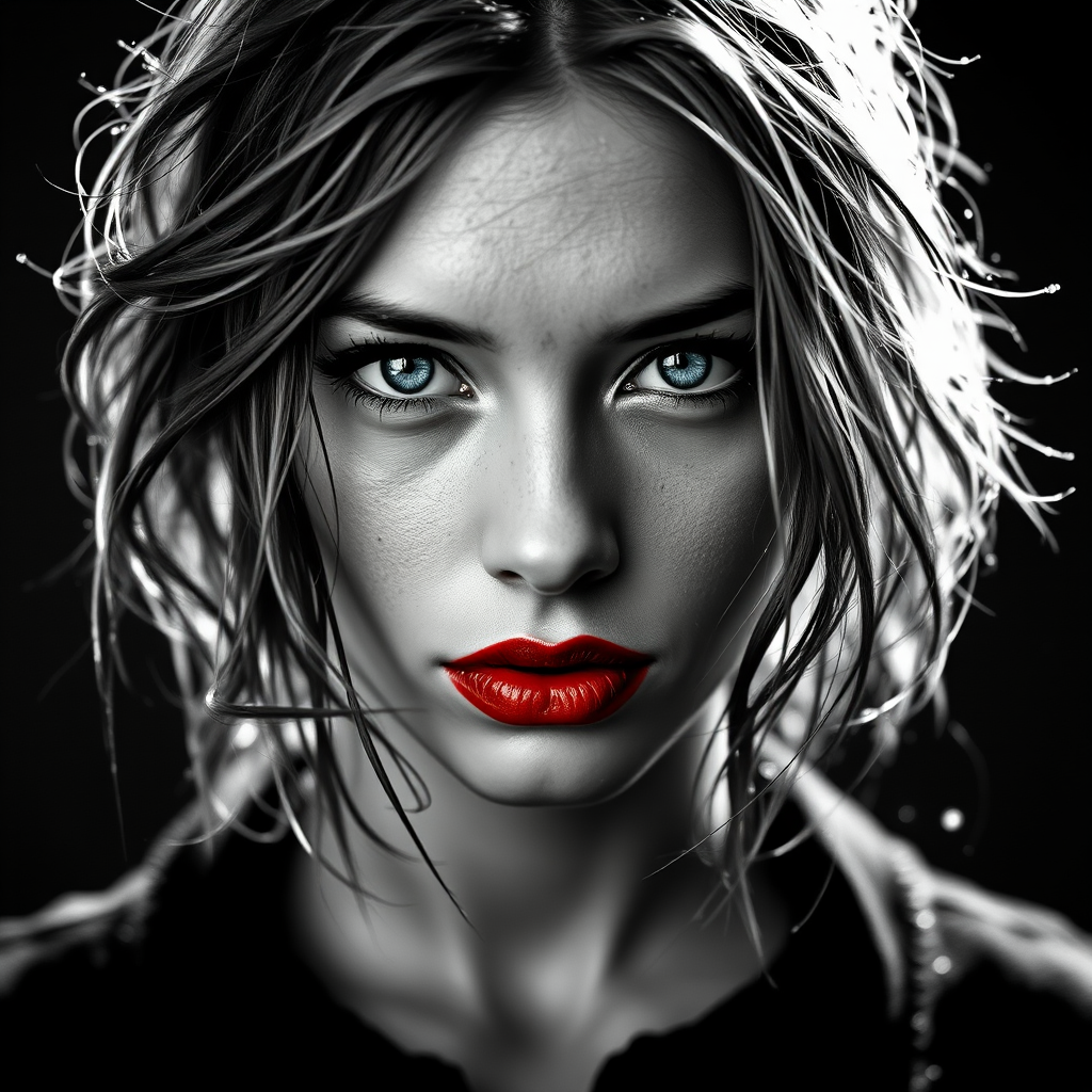 a striking portrait in the style of black-and-white photography, dramatic high-contrast lighting eloquently tracing the intricate details of hand-drawn pen strokes, a beautiful Nordic woman tousled hair and shining, focus on blue eyes and red lips, radiating with intensity portrait that highlights her dark , wet, . The monochromatic statement features her pale skin colored by tiny beads of sweat and water droplets, showcasing a hyper-detailed composition that focuses entirely on her unforgettable face. The stylized composition basks in atmosphere and mystery, created by the powerful, piercing gaze of the water-driven Nordic woman as she commands an intense and mesmerizing aura within the limited frame. Composed to evoke a sense of nostalgic wonder, this portrait perfectly captures the essence of a bygone era.