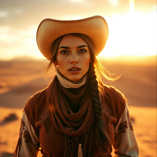 Dramatic photo of a beautiful Turkmen woman, classic cowboy attire, confident and free spirit expression, half-length portrait, centered, golden hour desert landscape, warm, diffused light, low angle, medium format film camera, in style of Annie Leibovitz.