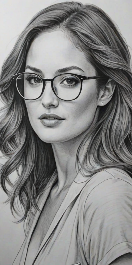 Wonderful Minka Kelly, pencil sketch, portrait of Bewitching woman 1976s in glasses, hair style beatnik, outline, clear lines, fine lines, 8k