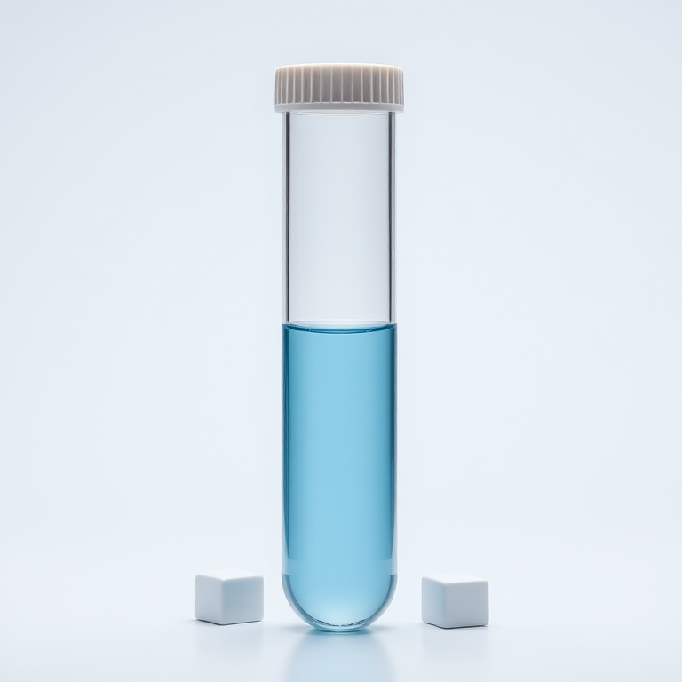 Create a high-resolution vector illustration of a laboratory test tube with a cap open, showing a light blue liquid inside and two small white cubes beside it, captured in a clean and minimalistic style, using a 50mm lens, f/8 aperture, ISO 100, with studio lighting for even illumination.