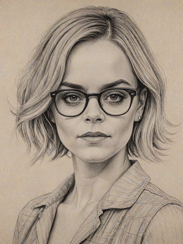 Sublime Taryn Manning, pencil sketch, portrait of Dazzling woman 1926s in glasses, hair style beatnik, outline, clear lines, fine lines, 8k
