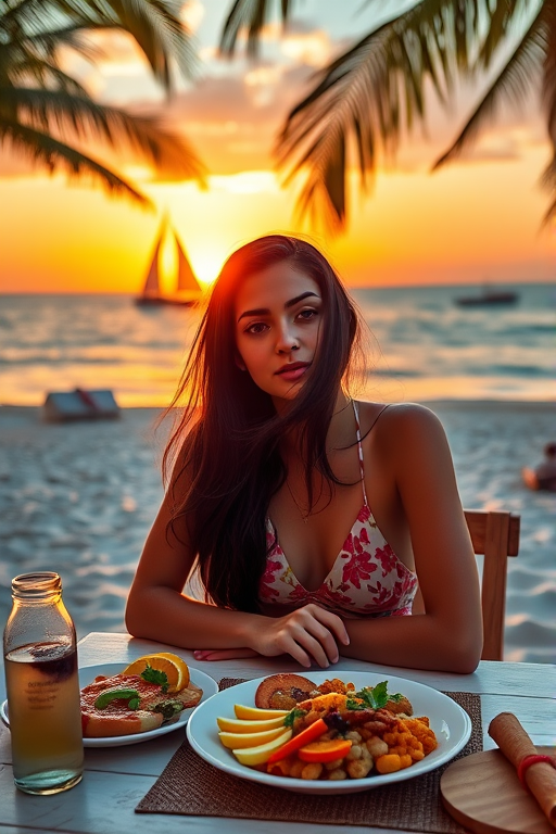 Create a vibrant, tropical beach scene featuring a young woman with long dark hair sitting at a table with a colorful meal, palm trees in the background, a sailboat on the water, and a sunset sky; use a Canon EOS R5 with a 50mm lens, aperture f/1.8, ISO 100, and a warm color palette to enhance image quality.