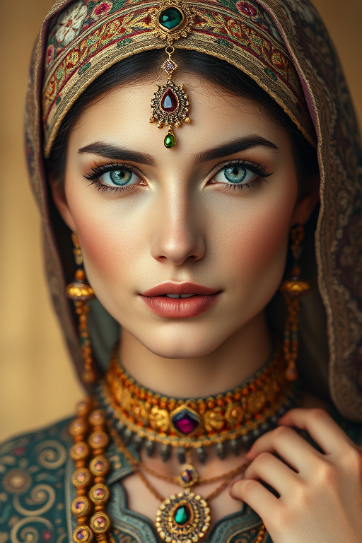 Create a portrait of a beautiful Persian woman with striking cyan eyes and a gentle expression. She is adorned in traditional attire with intricate patterns, including a richly embroidered headscarf and matching garments. Her jewelry includes a delicate headpiece, dangling earrings, and ornate bracelets, all featuring vibrant gemstones and detailed metalwork. The background is soft and warm, enhancing the rich colors of her outfit and jewelry.