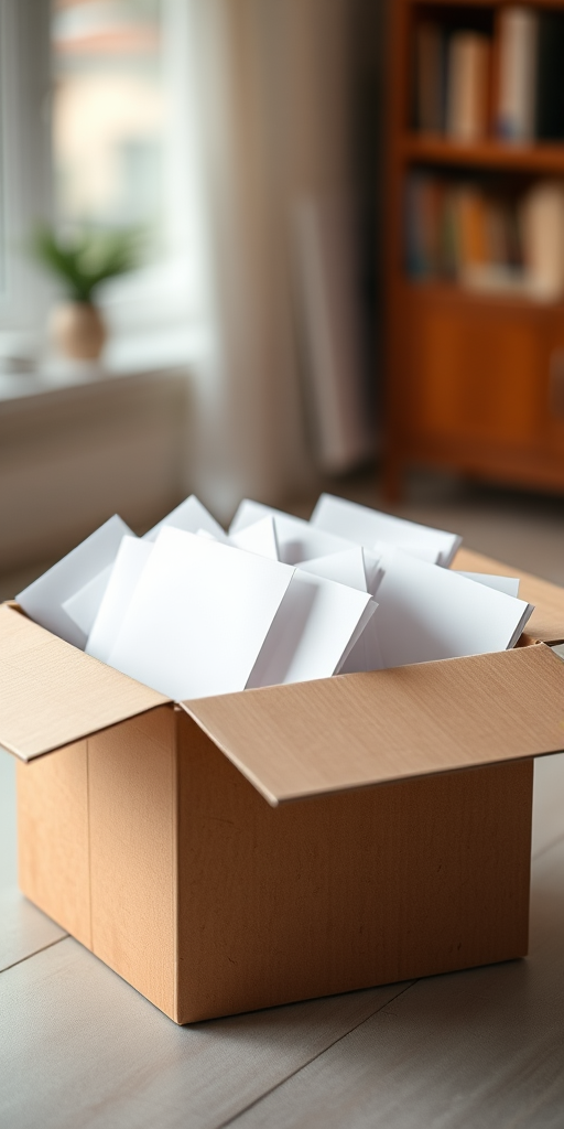 Create a high-resolution image of an open cardboard box filled with blank white papers, using a DSLR camera with a 50mm lens at f/2.8, ISO 100, and a shallow depth of field for a soft background blur, captured from a slightly elevated angle for dynamic perspective.
