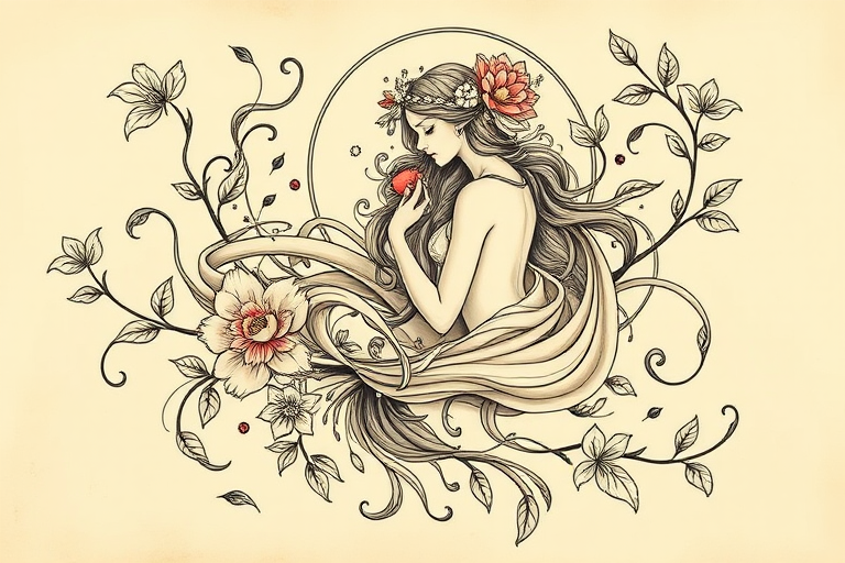 Art nouveau "Whimsical Reverie" tattoo design featuring flowing curves organic forms and nature-inspired elements combined with feminine figures and decorative motifs in a elegant and timeless style