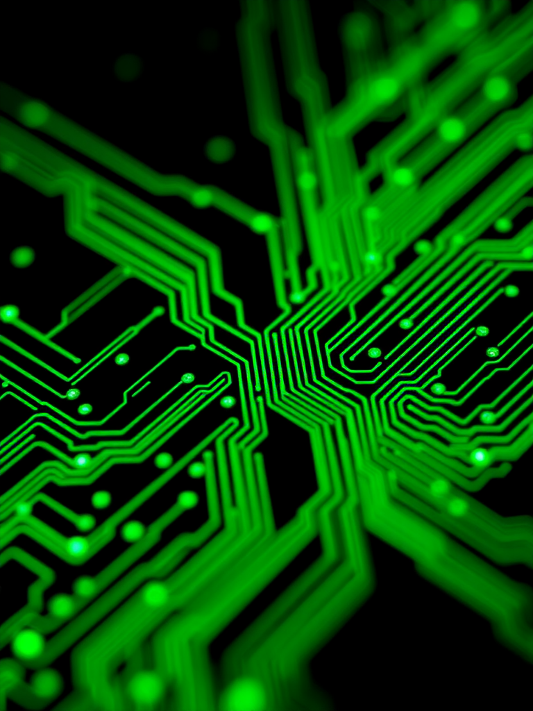 create a vibrant and intricate circuit board design with glowing green lines on a black background, using a DSLR camera with a 50mm lens, f/1.8 aperture, ISO 100, 1/60 shutter speed, macro view, and high dynamic range style to enhance image quality