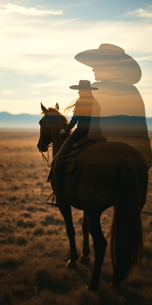 "Create a Double exposure", a silhouette "profile portrait of a young cowgirl" with long hair "superimposed" against a long shot of a cowgirl riding a horse across the plains, fantastic view, 32k, cinematic, hyper-realistic.