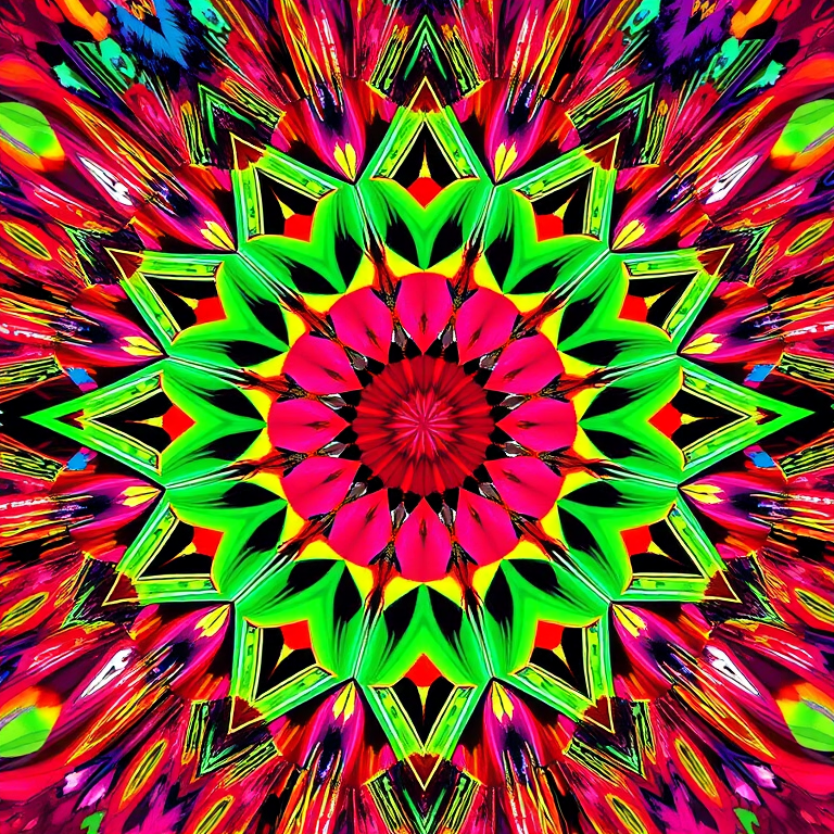 Create a vibrant abstract image with bright colors and geometric patterns, using a DSLR camera, ISO 100, f/8 aperture, 24mm lens, shot from a high-angle view, with a focus on sharp details and enhanced saturation.