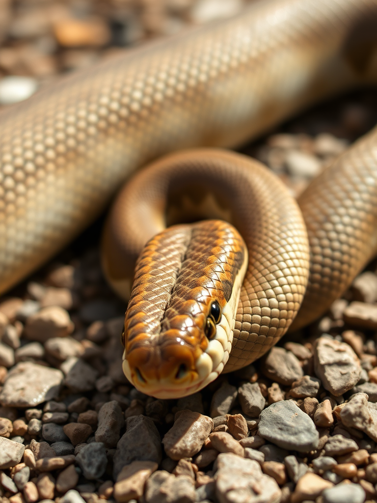 highly detailed close-up of a coiled snake on gravel, focusing on intricate scale patterns, natural lighting, aperture f/2.8, ISO 100, shutter speed 1/200s, macro lens, DSLR camera