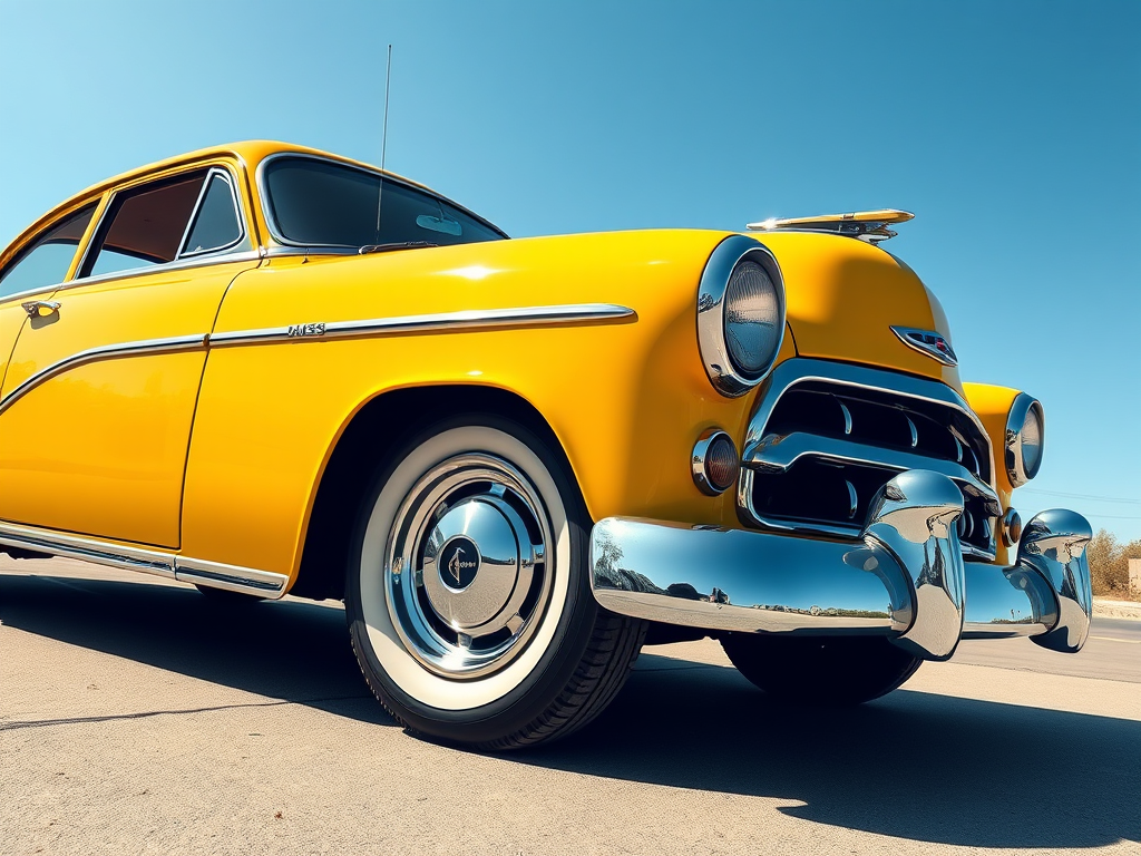 Create a high-resolution digital illustration of a vintage car with a sleek yellow and black design, captured from a low angle, using a DSLR camera with a 50mm lens at f/2.8 for a shallow depth of field, in bright daylight to enhance colors and shadows.