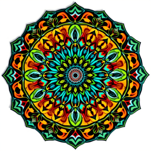 Create an image of a stylized, intricate mandala design with vibrant colors, using a DSLR camera at f/4 aperture, ISO 100, 50mm lens, shooting from a top-down view at a 90-degree angle for enhanced detail and clarity.
