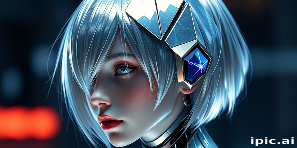 Mesmerizing metallic silver-haired android with a futuristic, geometric bob featuring sharp angles and holographic accents