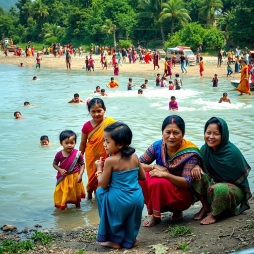 Capture a vibrant scene of families enjoying a riverbank, with people playing in the water and colorful traditional clothing, using a Canon EOS 5D Mark IV, ISO 200, aperture f/4, shutter speed 1/250 sec, shot from a low angle to emphasize action and expressions, natural light for enhanced colors.