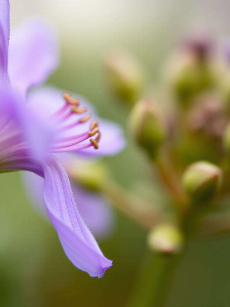 Close-up of a purple flower with delicate petals and green buds in the background, captured with a DSLR camera at f/2.8 aperture, 100mm macro lens, ISO 200, natural light, shallow depth of field to enhance detail and soft bokeh effect.