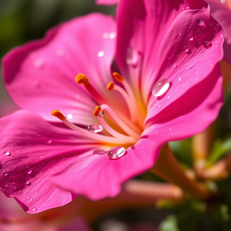 Close-up of a vibrant pink azalea flower with dew drops on the petals, shot in natural sunlight, aperture f/2.8, shutter speed 1/500s, ISO 100, macro lens, full-frame DSLR, shallow depth of field for a soft background blur.